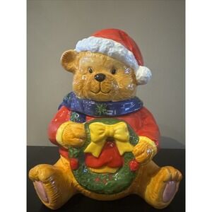 Gibson Christmas Merry Beary Cookie Jar 8" Bear with Santa Hat and Wreath